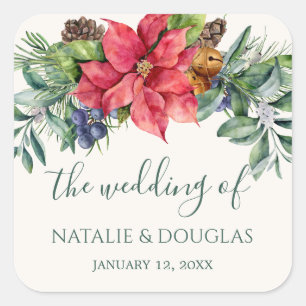 Cuadrada Poinsettia Greenery Foliage Boda Pegatina