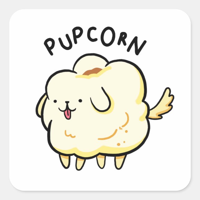 Cuadrada Popcorn Puppy Dog Pun Pegatina (Anverso)