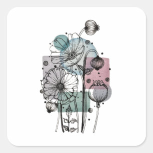 Cuadrada Poppies Doodle En Pegatina De Tinta Y Acuarela