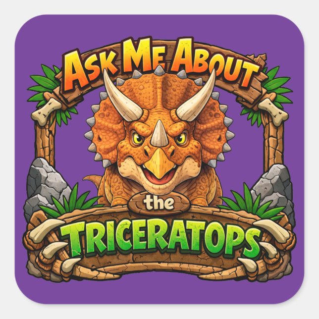 Cuadrada Pregúntame sobre el Triceratops | Pegatina de 3 pu (Anverso)