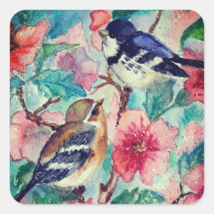 Cuadrada Primavera de Pegatina de pájaro de pareja - acuare