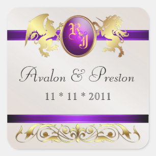 Cuadrada Prince & Princess Purple Save the Date Pegatina