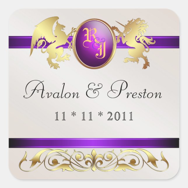 Cuadrada Prince & Princess Purple Save the Date Pegatina (Anverso)
