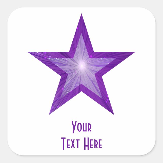 Cuadrada Púrpura estrella 'Tu texto' pegatina cuadrado blan (Anverso)
