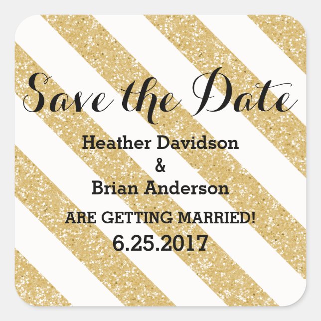 Cuadrada Purpurina Gold Look Stripes Save the Date Pegatina (Anverso)