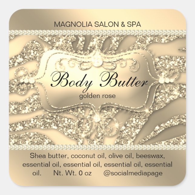 Cuadrada Purpurina Zebra Salon Pegatina Gold Square (Anverso)