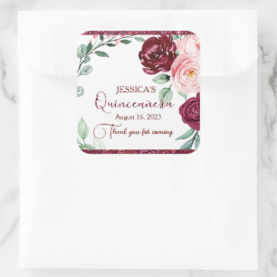 Cuadrada Quinceanera Borgoña Pegatina Purpurina Floral Rojo