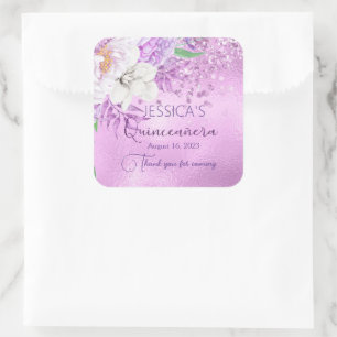 Cuadrada Quinceanera Lilac Pegatina Purpurina Purple Floral