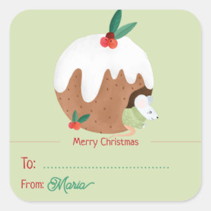 Cuadrada Ratón disfrutando Navidades Pudding - Pegatina cua