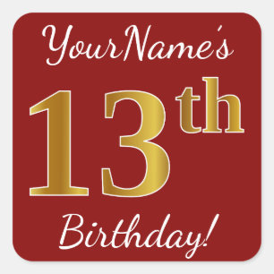 Cuadrada Red, Faux Gold 13th Birthday + Pegatina de nombre 