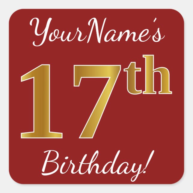 Cuadrada Red, Faux Gold 17th Birthday + Pegatina de nombre  (Anverso)