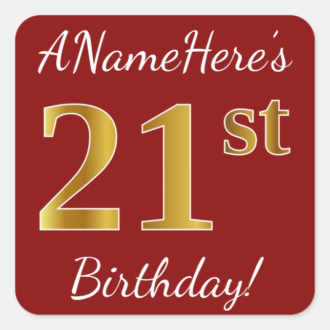 Cuadrada Red, Faux Gold 21st Birthday + Pegatina de nombre  (Anverso)