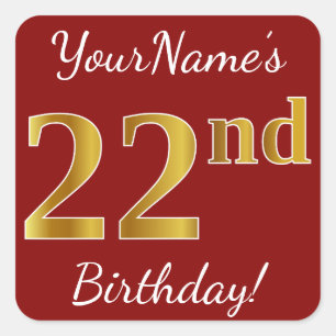 Cuadrada Red, Faux Gold 22nd Birthday + Pegatina de nombres