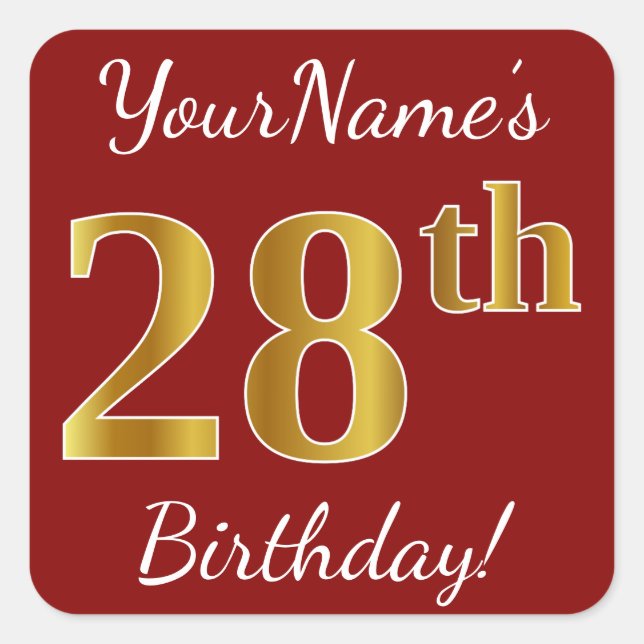 Cuadrada Red, Faux Gold 28th Birthday + Pegatina de nombre  (Anverso)