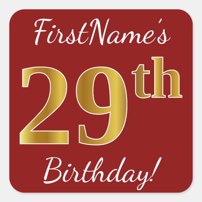 Cuadrada Red, Faux Gold 29th Birthday + Pegatina de nombre  (Anverso)