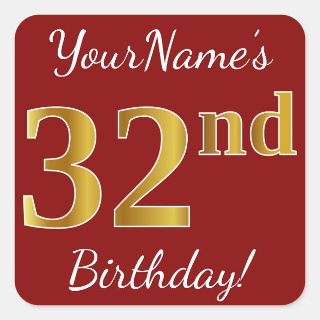Cuadrada Red, Faux Gold 32nd Birthday + Pegatina de nombres (Anverso)