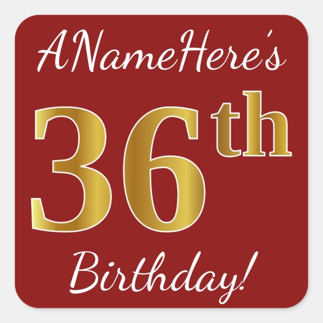 Cuadrada Red, Faux Gold 36th Birthday + Pegatina de nombre  (Anverso)