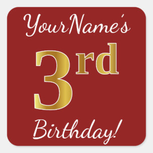 Cuadrada Red, Faux Gold 3Birthday + Pegatina de nombres per