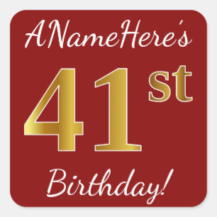 Cuadrada Red, Faux Gold 41st Birthday + Pegatina de nombre 