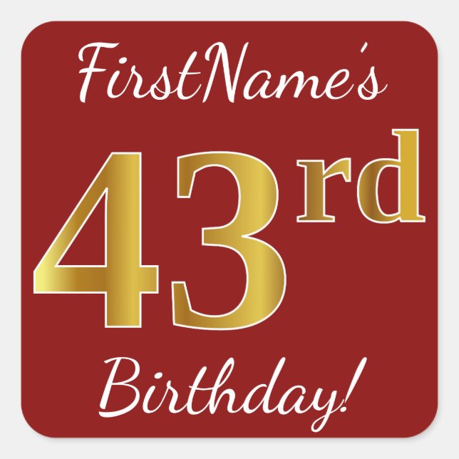 Cuadrada Red, Faux Gold 43rd Birthday + Pegatina de nombres (Anverso)