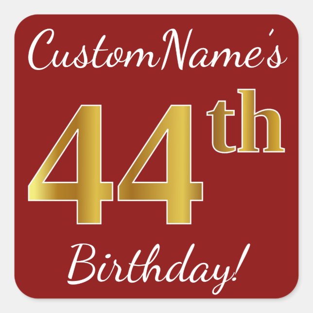 Cuadrada Red, Faux Gold 44th Birthday + Pegatina de nombre  (Anverso)