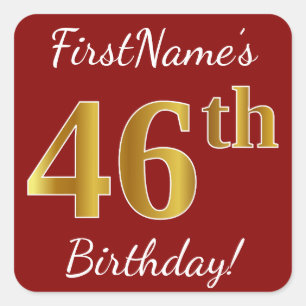 Cuadrada Red, Faux Gold 46th Birthday + Pegatina de nombre 