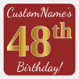 Cuadrada Red, Faux Gold 48th Birthday + Pegatina de nombre 