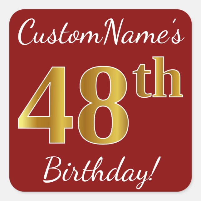 Cuadrada Red, Faux Gold 48th Birthday + Pegatina de nombre  (Anverso)