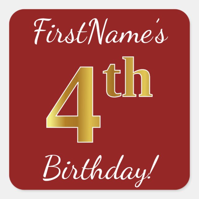 Cuadrada Red, Faux Gold 4Cumpleaños + Pegatina de nombre pe (Anverso)