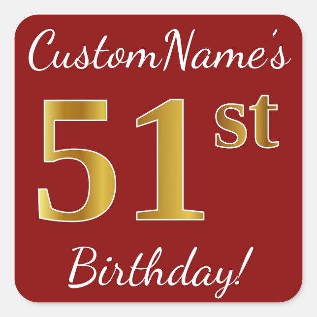 Cuadrada Red, Faux Gold 51st Birthday + Pegatina de nombre  (Anverso)