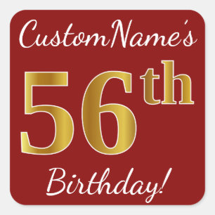 Cuadrada Red, Faux Gold 56th Birthday + Pegatina de nombre 