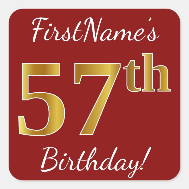 Cuadrada Red, Faux Gold 57th Birthday + Pegatina de nombre  (Anverso)