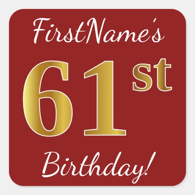 Cuadrada Red, Faux Gold 61st Birthday + Pegatina de nombre  (Anverso)