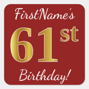 Cuadrada Red, Faux Gold 61st Birthday + Pegatina de nombre 