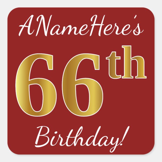 Cuadrada Red, Faux Gold 66th Birthday + Pegatina de nombre  (Anverso)