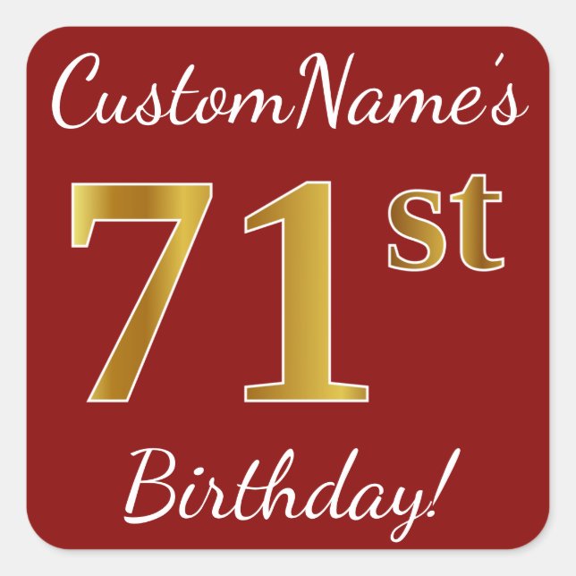 Cuadrada Red, Faux Gold 71st Birthday + Pegatina de nombre  (Anverso)