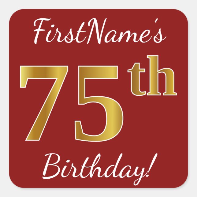 Cuadrada Red, Faux Gold 75th Birthday + Pegatina de nombre  (Anverso)