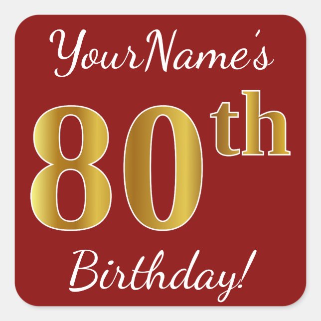 Cuadrada Red, Faux Gold 80th Birthday + Pegatina de nombre  (Anverso)