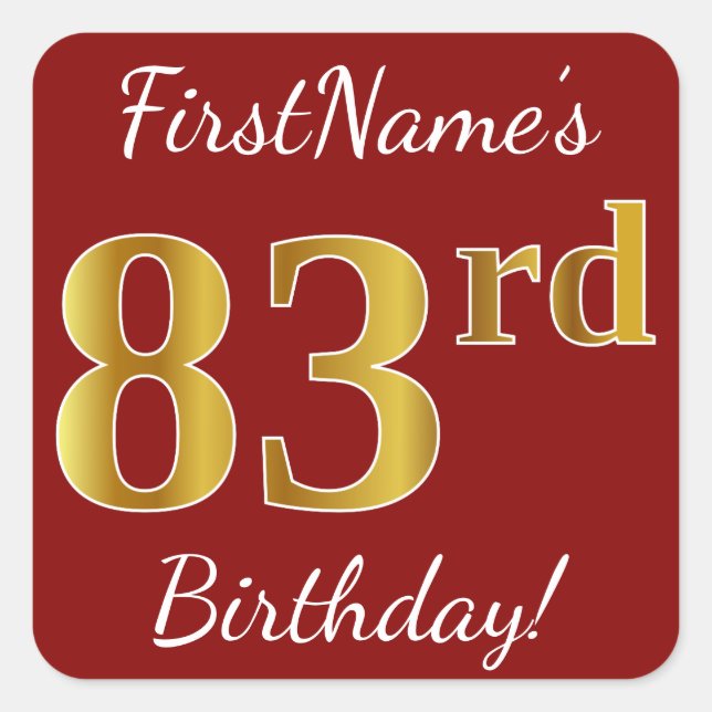 Cuadrada Red, Faux Gold 83rd Birthday + Pegatina de nombres (Anverso)