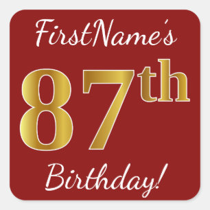 Cuadrada Red, Faux Gold 87th Birthday + Pegatina de nombre 