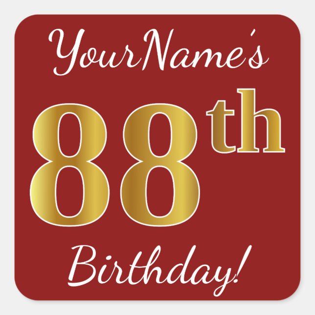 Cuadrada Red, Faux Gold 88th Birthday + Pegatina de nombre  (Anverso)