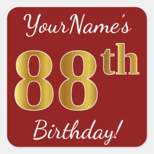 Cuadrada Red, Faux Gold 88th Birthday + Pegatina de nombre 