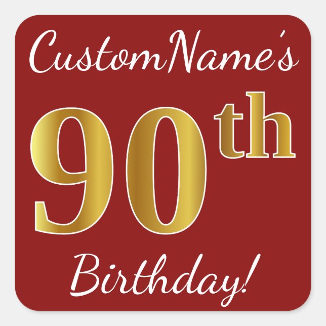 Cuadrada Red, Faux Gold 90th Birthday + Pegatina de nombre  (Anverso)