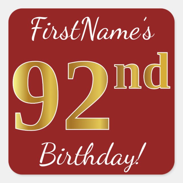 Cuadrada Red, Faux Gold 92nd Birthday + Pegatina de nombres (Anverso)