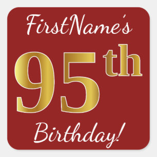 Cuadrada Red, Faux Gold 95th Birthday + Pegatina de nombre 