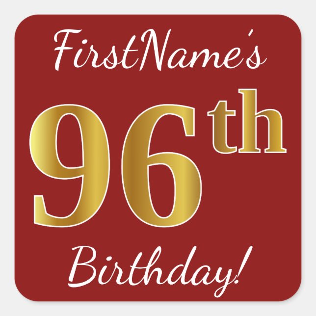 Cuadrada Red, Faux Gold 96th Birthday + Pegatina de nombre  (Anverso)