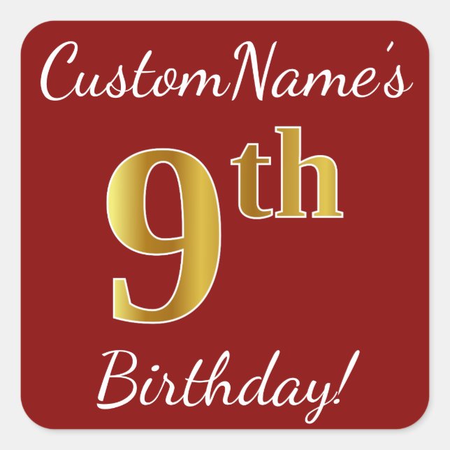 Cuadrada Red, Faux Gold 9Cumpleaños + Pegatina de nombre pe (Anverso)