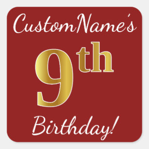 Cuadrada Red, Faux Gold 9Cumpleaños + Pegatina de nombre pe