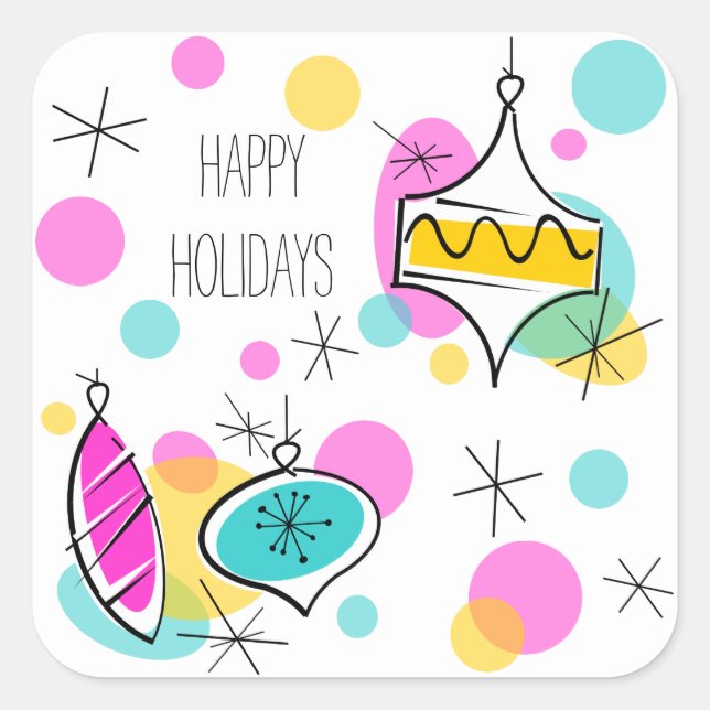 Cuadrada Retro Tree Baubles Happy Holidays pegatina square (Anverso)