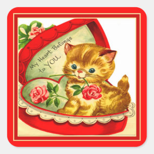 Cuadrada Retro Valentine ~ Gatito en un Pegatina de caja